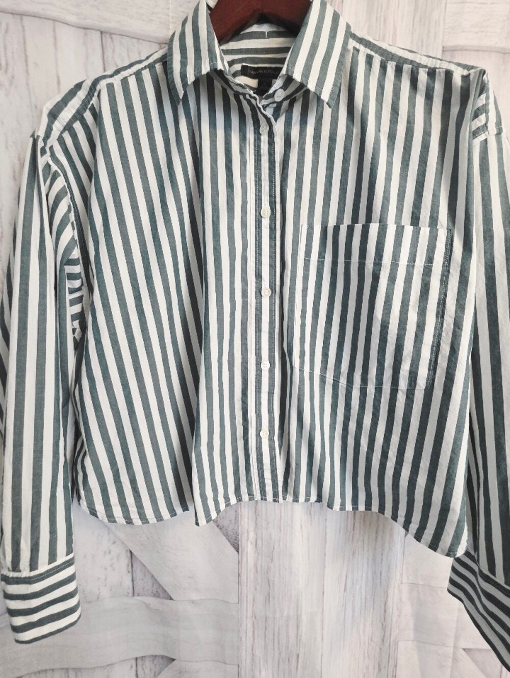 Banana Republic Green White Striped Button Front Crop Shirt XL Cotton